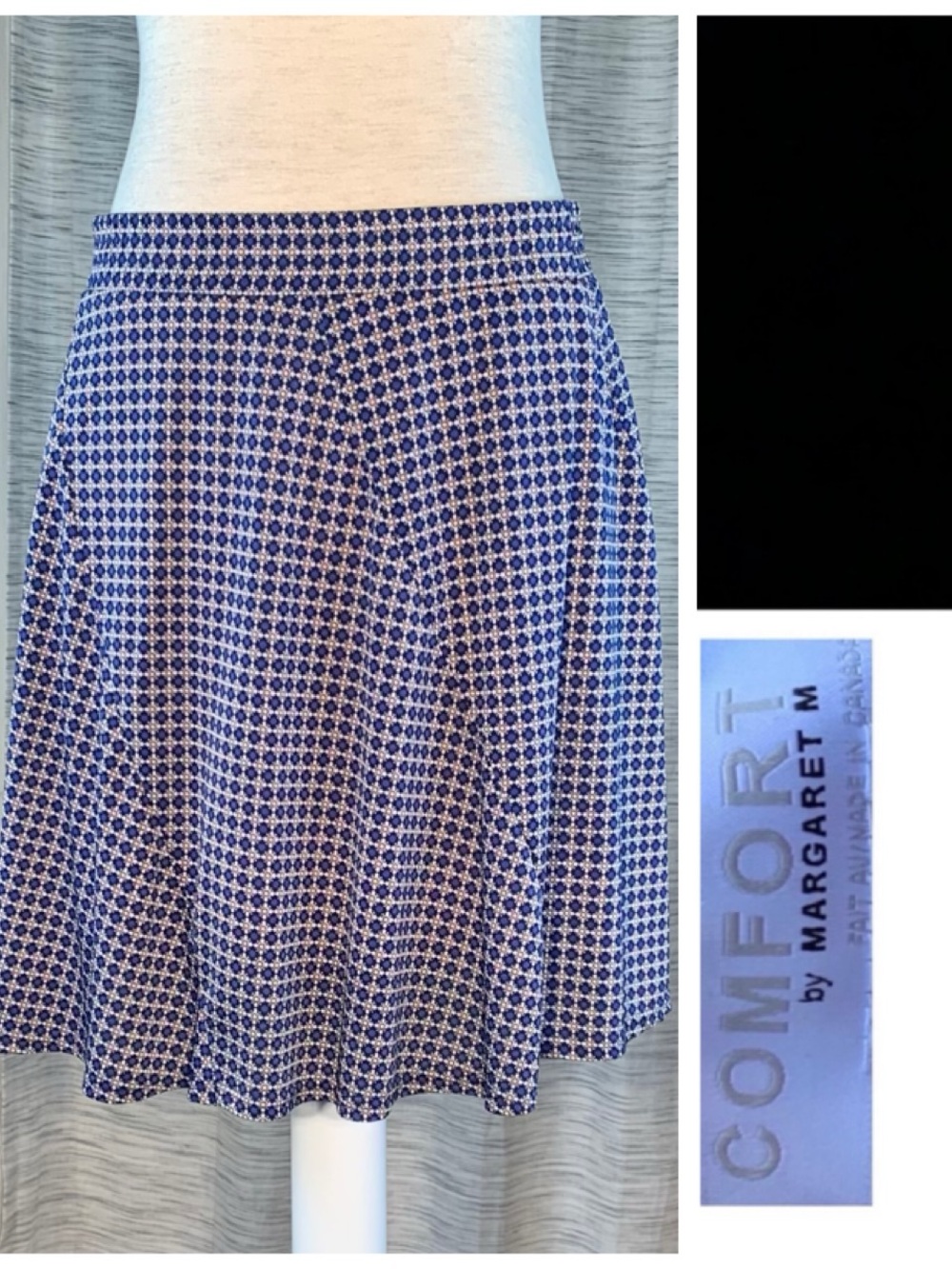 Comfort by Margaret M blue/yellow/white geometric designed skater skirt.